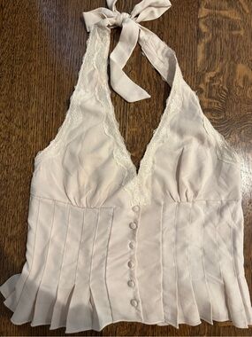 DNA couture Ivory Halter Lace-Trim Pleated Camisole